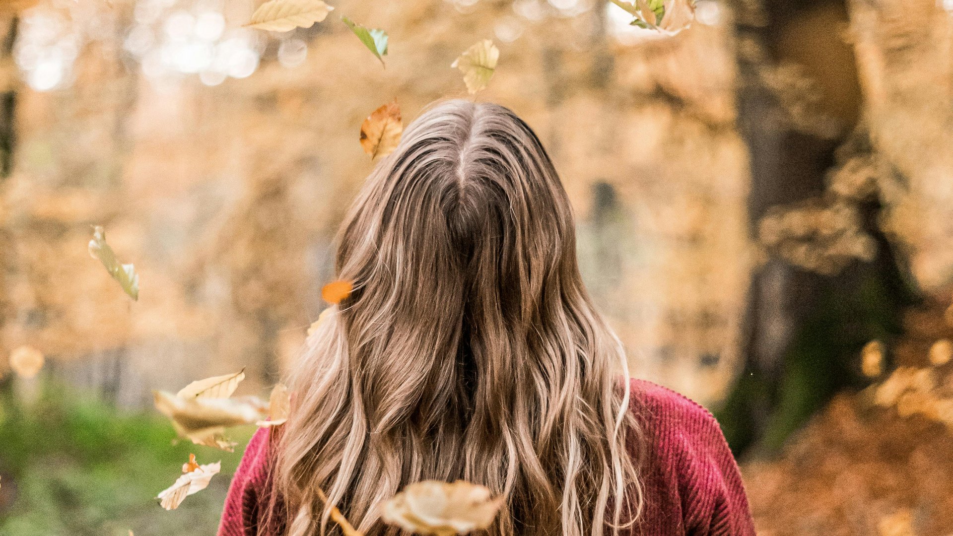 Der Herbst in den Tiroler Bergen Frau mit langen blonden Haaren in rotem Pullover im Herbstwald mit fallenden Blättern