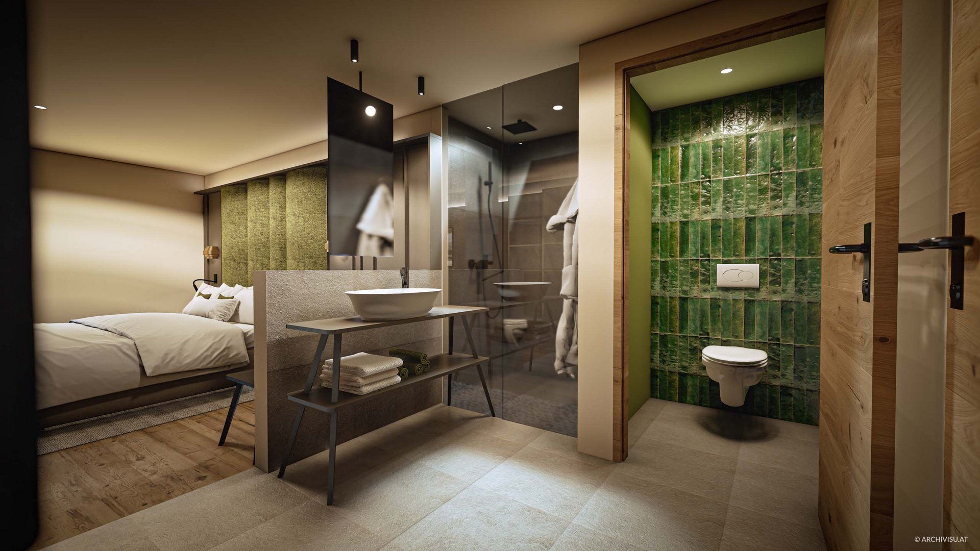 Modern hotel room with bed, open bathroom, and toilet with green tiles