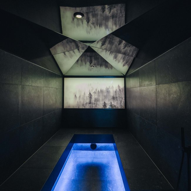 Modernes, dunkles Dampfbad mit blau beleuchtetem Boden und Waldmotiv an der Wand